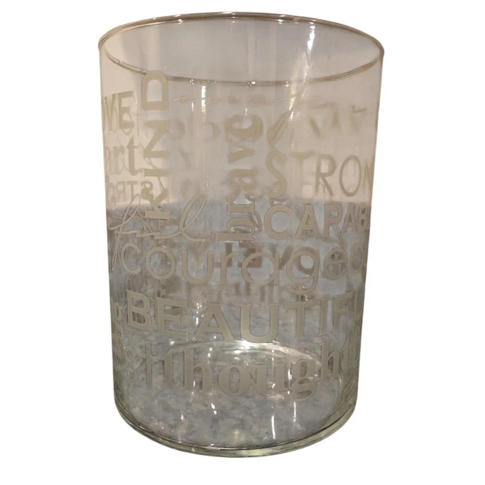 Inspirational Etched Glass Cylinder Vase Candle Holder Kind Brave Strong 7.5x6